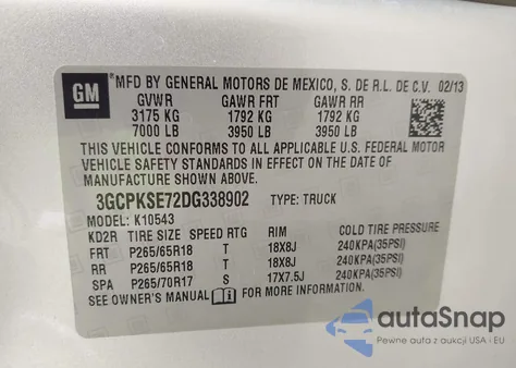 2013 Chevrolet Silverado 1500 Lt из США, поврежденный, VIN 3GCPKSE72DG338902